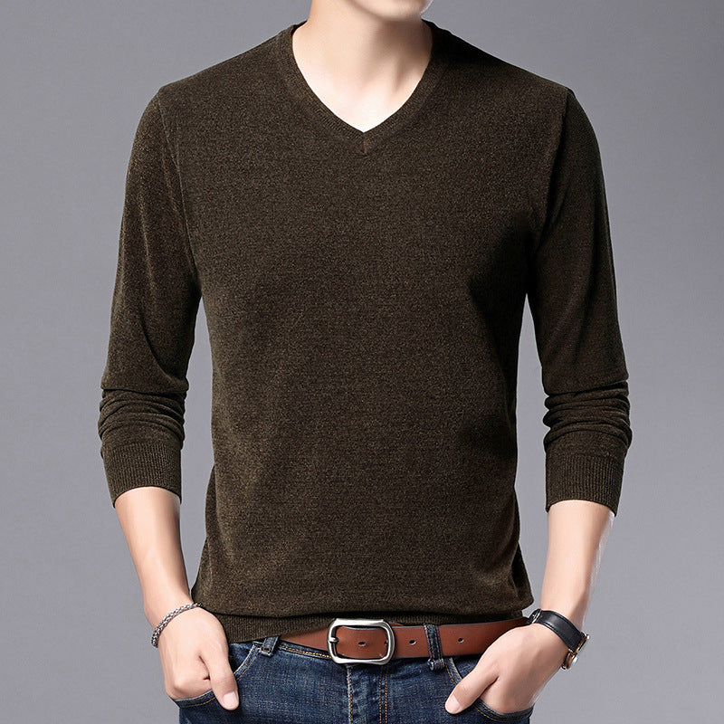 Men's V-Neck Knit Sweater Long Sleeve Thin Loose Solid Color Shirt