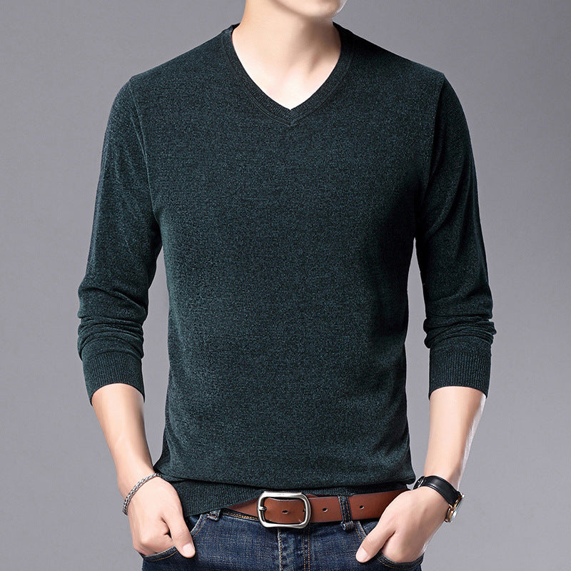 Men's V-Neck Knit Sweater Long Sleeve Thin Loose Solid Color Shirt