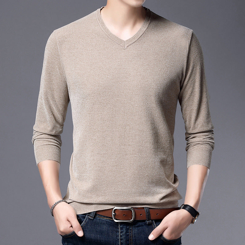 Men's V-Neck Knit Sweater Long Sleeve Thin Loose Solid Color Shirt