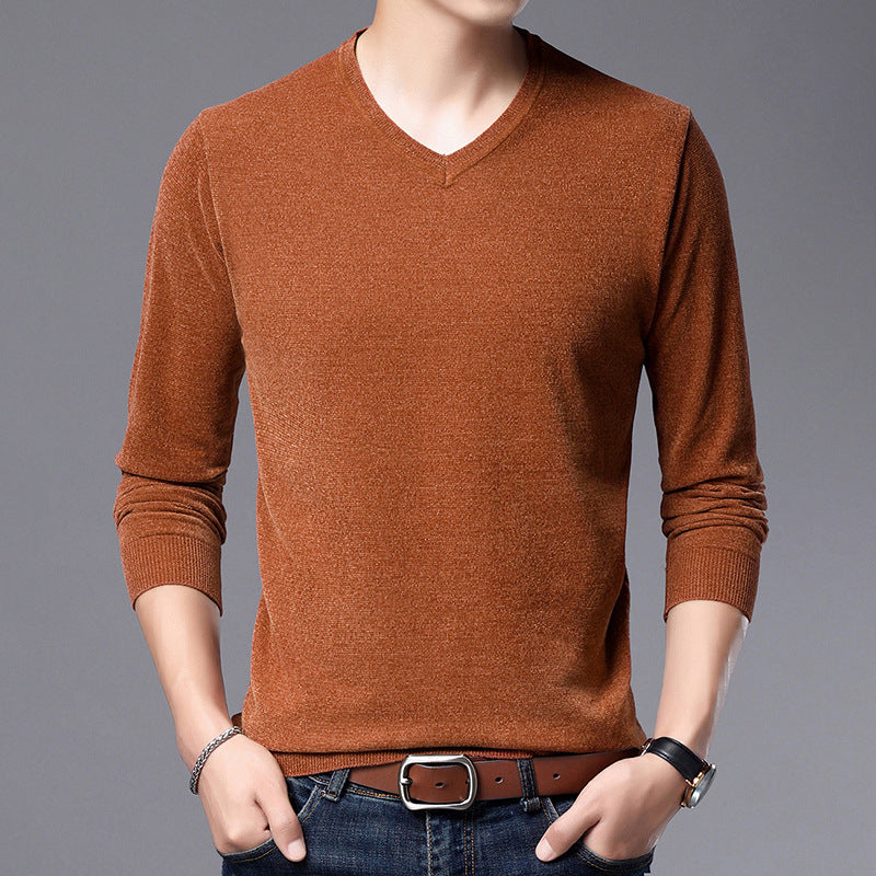 Men's V-Neck Knit Sweater Long Sleeve Thin Loose Solid Color Shirt