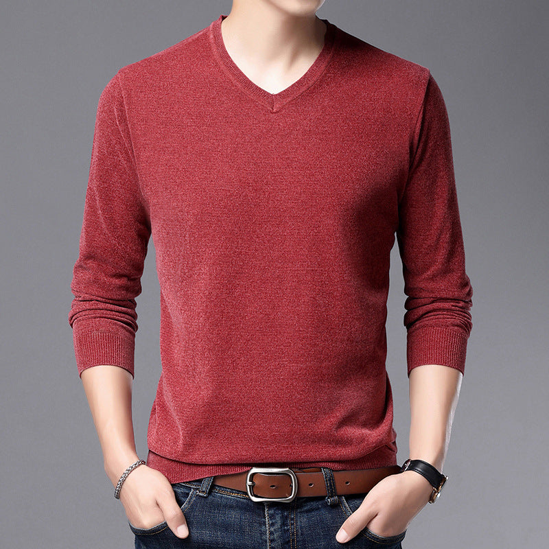 Men's V-Neck Knit Sweater Long Sleeve Thin Loose Solid Color Shirt