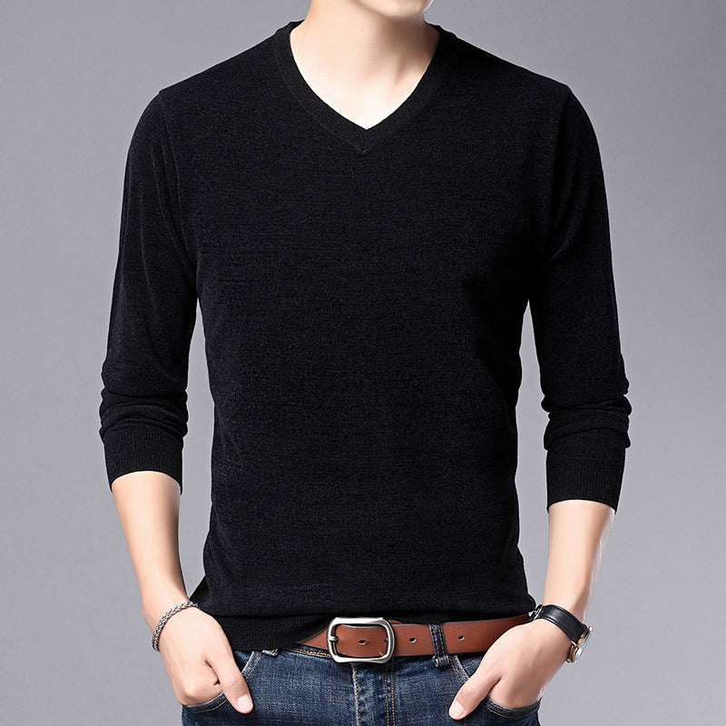 Men's V-Neck Knit Sweater Long Sleeve Thin Loose Solid Color Shirt