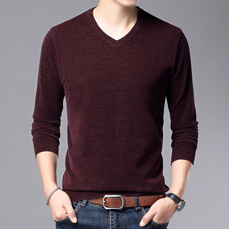 Men's V-Neck Knit Sweater Long Sleeve Thin Loose Solid Color Shirt
