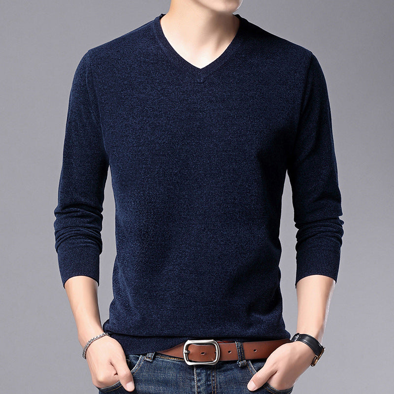 Men's V-Neck Knit Sweater Long Sleeve Thin Loose Solid Color Shirt