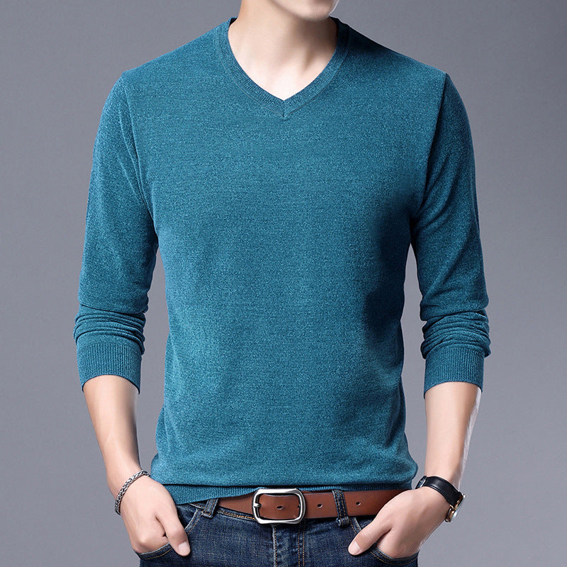 Men's V-Neck Knit Sweater Long Sleeve Thin Loose Solid Color Shirt
