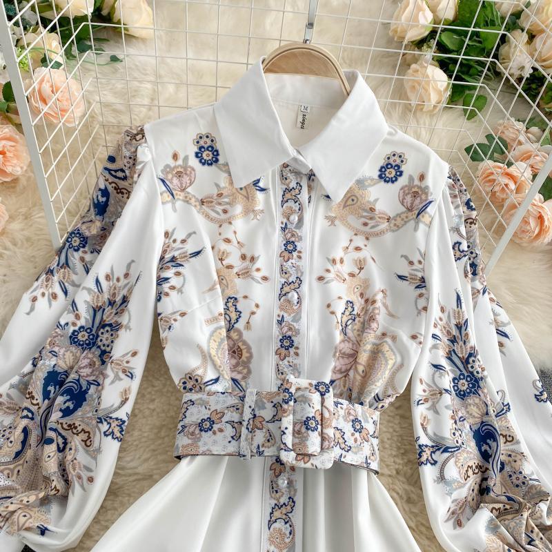 Retro Print Slim Dress with Polo Collar and Puff Sleeves