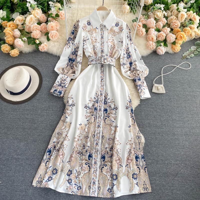 Retro Print Slim Dress with Polo Collar and Puff Sleeves