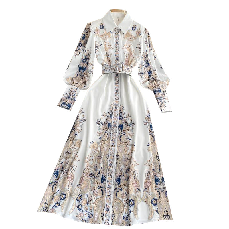 Retro Print Slim Dress with Polo Collar and Puff Sleeves