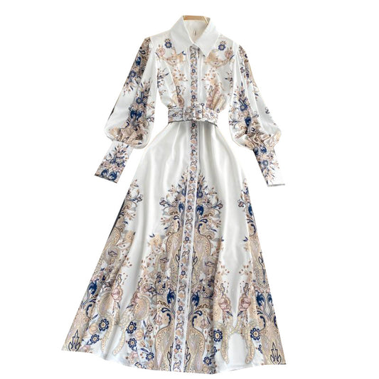 Retro Print Temperament Shirt Collar Fashionable Puff Sleeve Slim Long