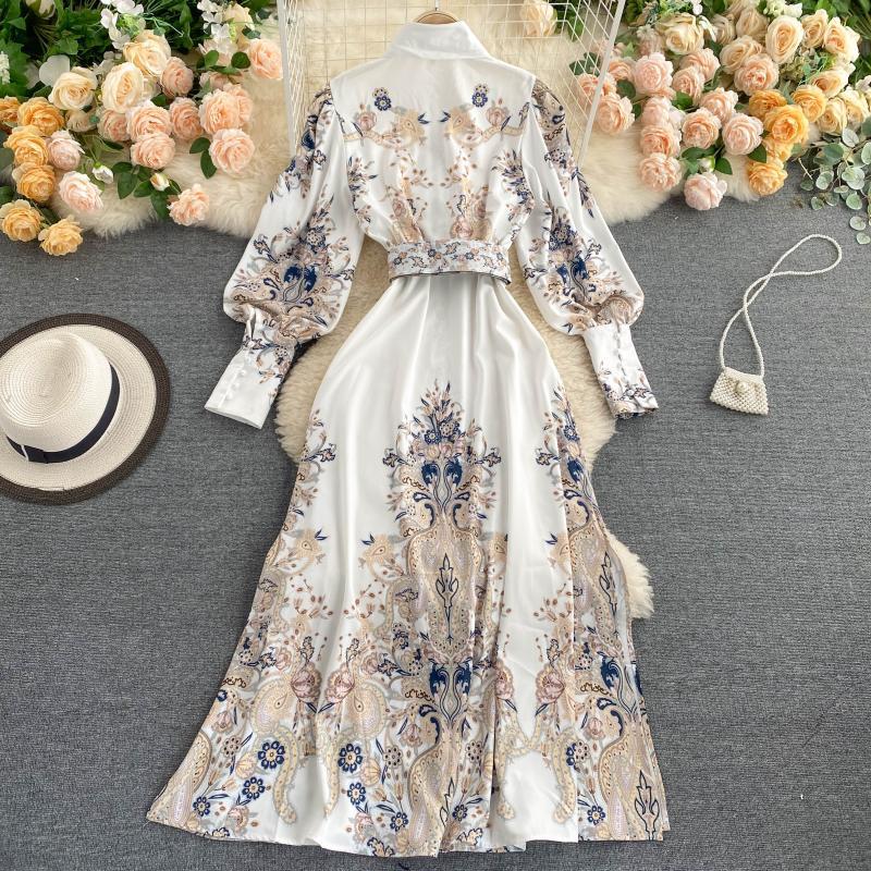 Retro Print Slim Dress with Polo Collar and Puff Sleeves