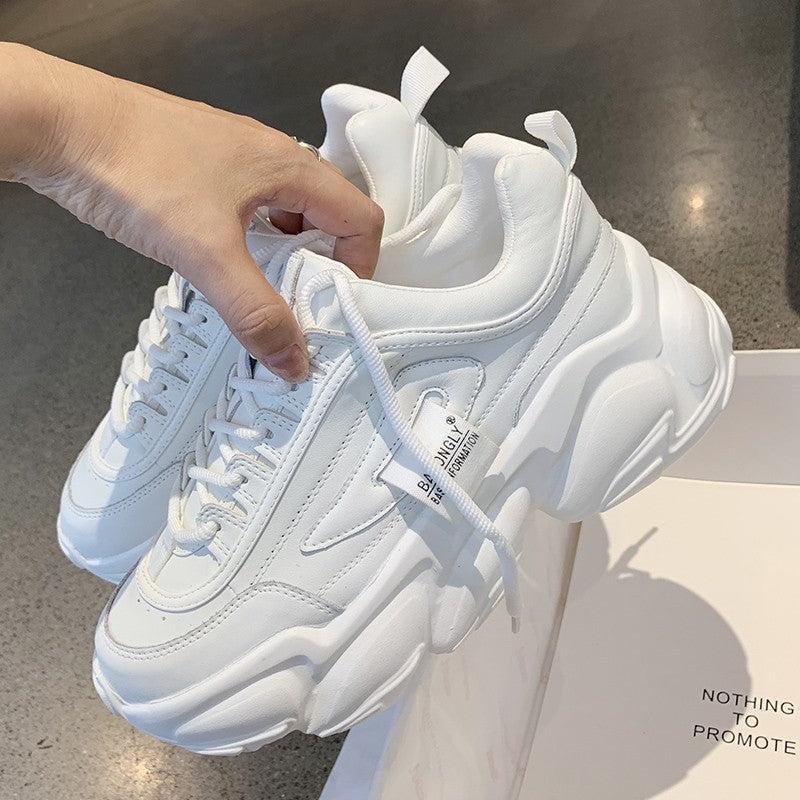 Breathable Student Sneakers with Thick Sole, White & Beige, Sizes 35-40