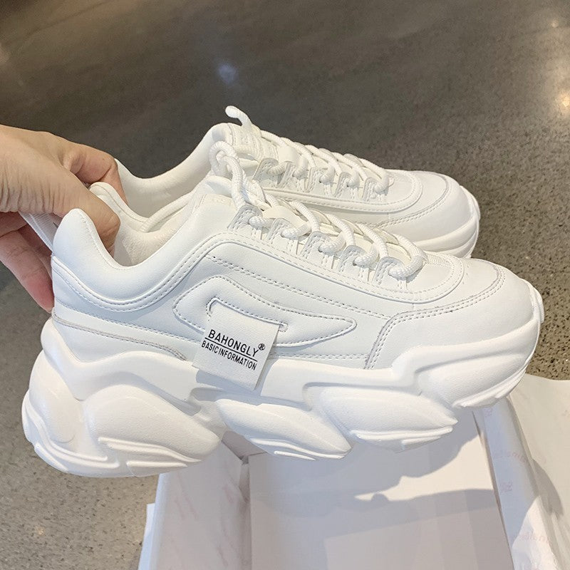 Breathable Student Sneakers with Thick Sole, White & Beige, Sizes 35-40