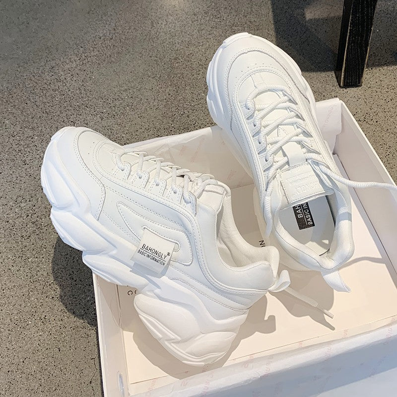 Breathable Student Sneakers with Thick Sole, White & Beige, Sizes 35-40