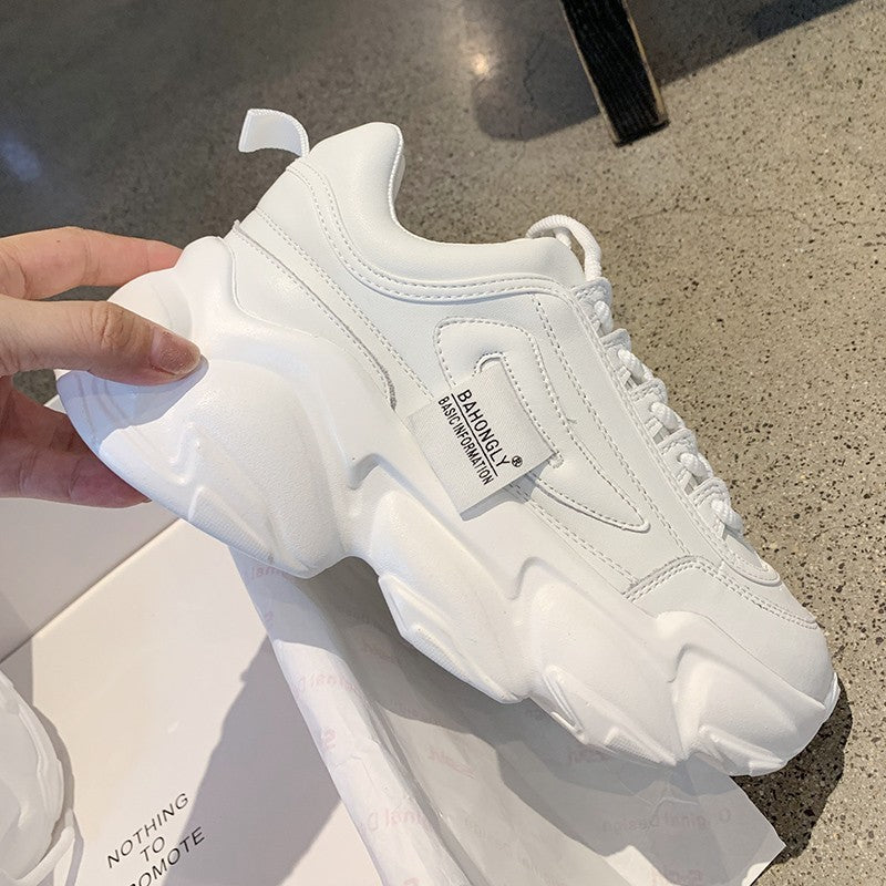 Breathable Student Sneakers with Thick Sole, White & Beige, Sizes 35-40