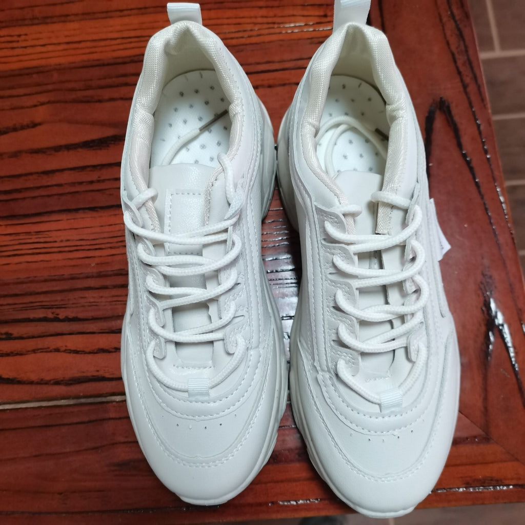 Breathable Student Sneakers with Thick Sole, White & Beige, Sizes 35-40