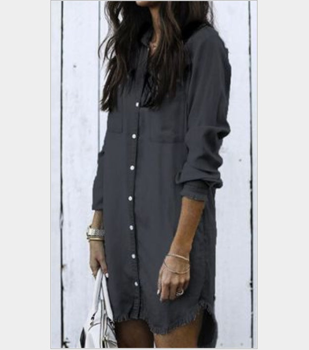 European & American Women's Multi-Color Tassel Hem Denim Shirt