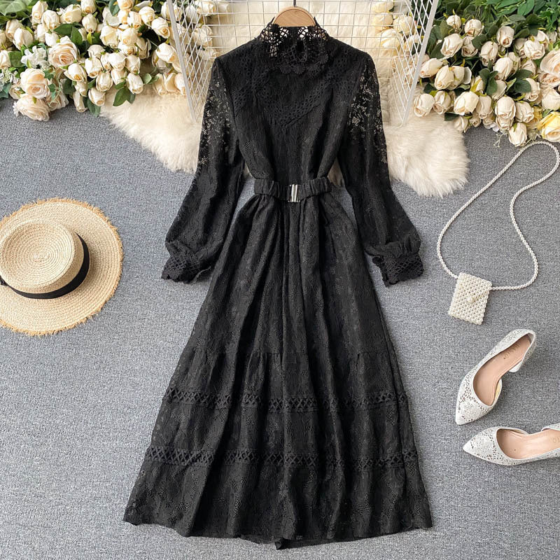 Thin Women’s Elegant New Design Sense Hollow Lace Small Stand-up Collar Slim Mid-length Fairy Dress