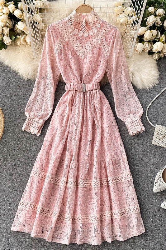 Thin Women’s Elegant New Design Sense Hollow Lace Small Stand-up Collar Slim Mid-length Fairy Dress