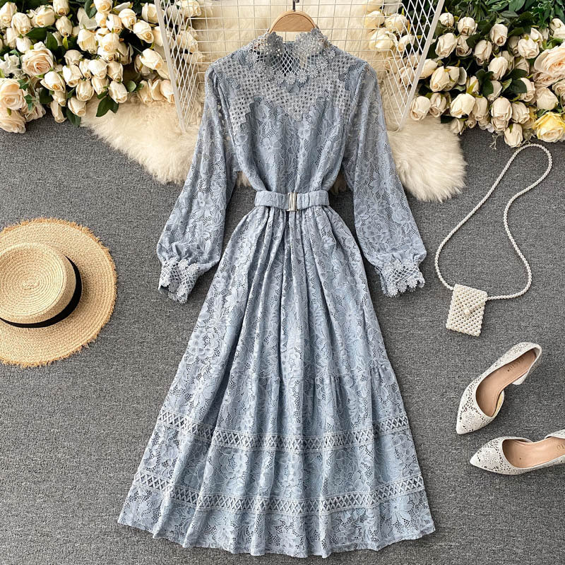 Thin Women’s Elegant New Design Sense Hollow Lace Small Stand-up Collar Slim Mid-length Fairy Dress