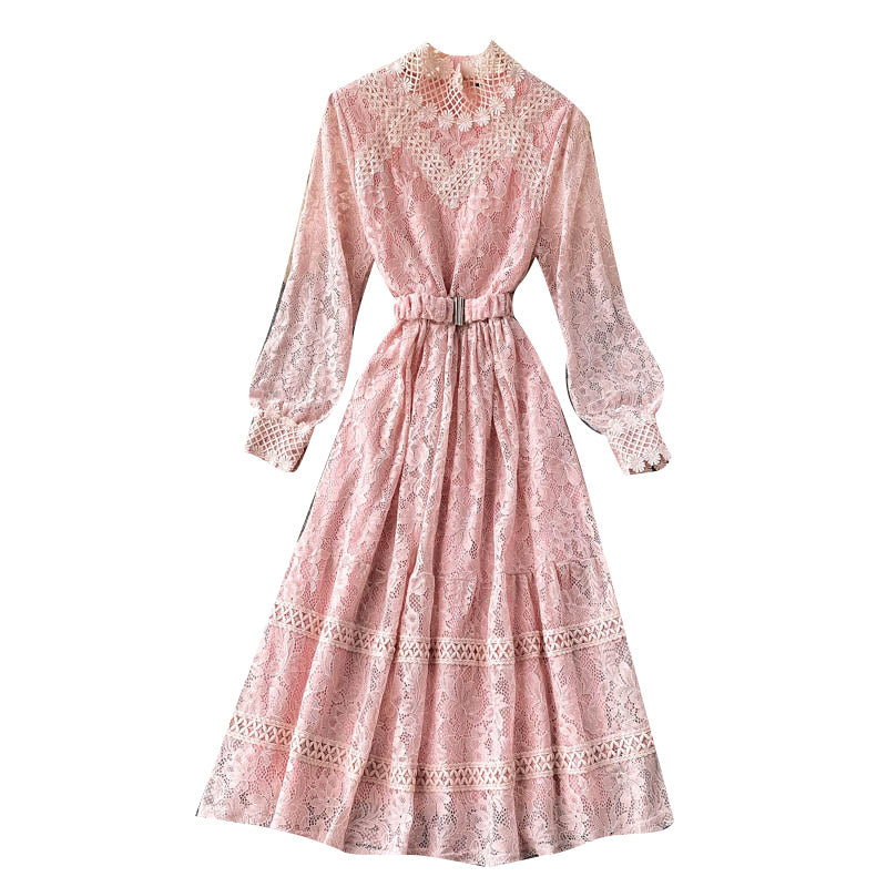 Thin Women’s Elegant New Design Sense Hollow Lace Small Stand-up Collar Slim Mid-length Fairy Dress