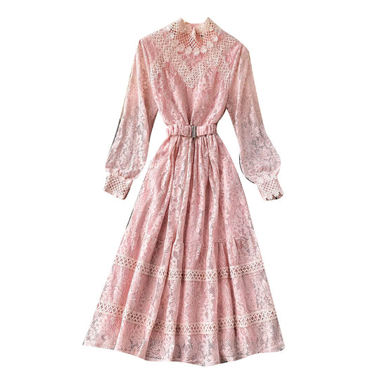 Thin Women’s Elegant New Design Sense Hollow Lace Small Stand-up Collar Slim Mid-length Fairy Dress