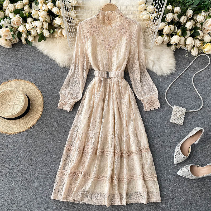 Women’s Elegant Hollow Lace Slim Mid-Length Stand-Up Collar Dress