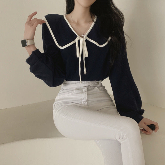 Loose Slimming Lace-Up Lapel Women's Shirt with Lantern Sleeves