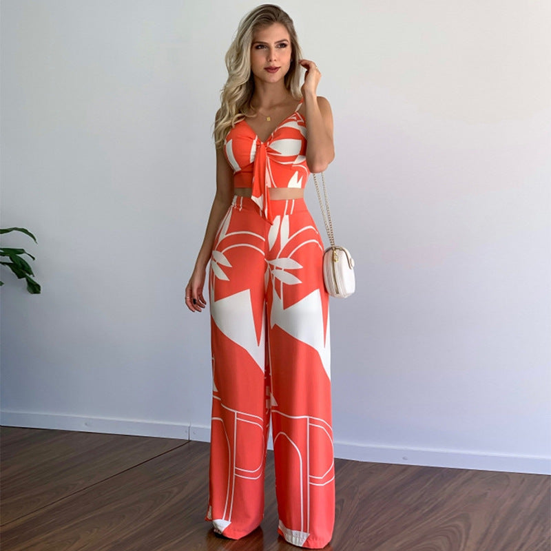 Linen V-Neck Short Vest & High Waist Wide Leg Pants Two-Piece Set