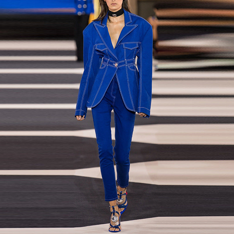 Cotton Denim Suit Jacket with Suit Collar and Wrap Sleeves