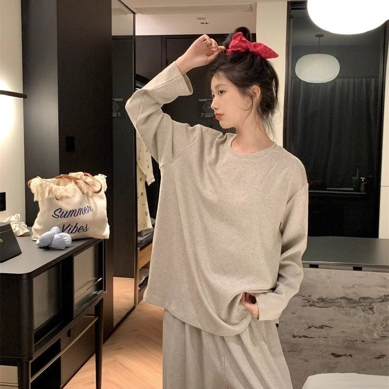 Striped Gray Brown Polyester Pajamas for Women, Long Sleeve, Sizes M-XXL