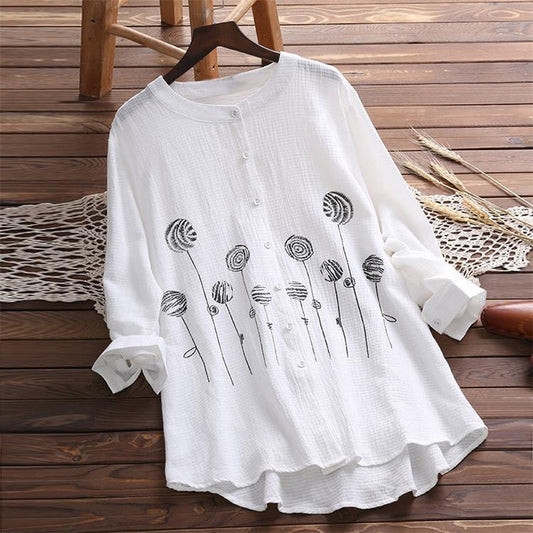 New large size long sleeve retro button print shirt women