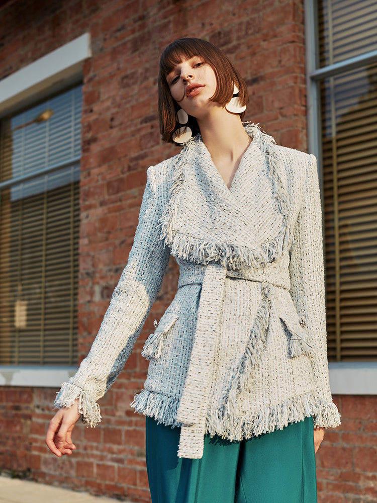 Veste en laine à franges pour femme à grand revers, coupe ajustée