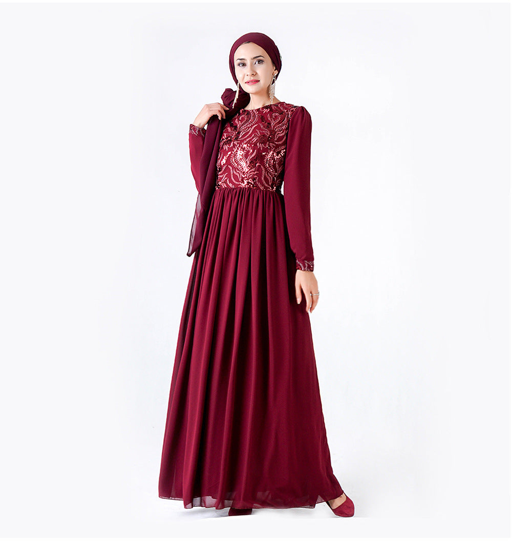 Robe musulmane brodée à manches longues en dentelle à sequins