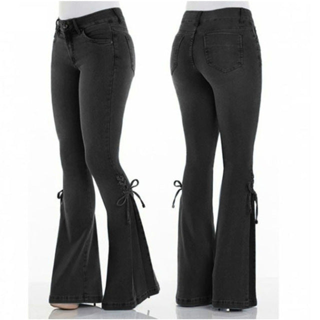 Wide-Leg Flared Jeans Polyester Slim Pants