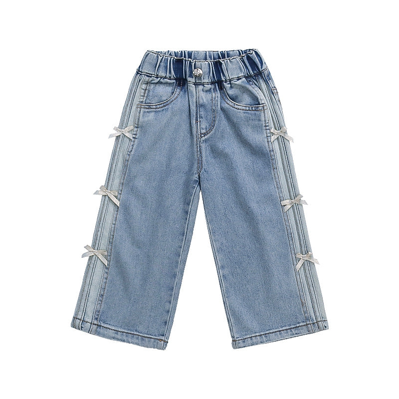 Pantalon droit en denim à jambes larges avec nœud pour enfants, collection automne