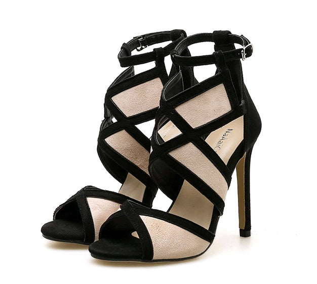 Sandales à bouche de poisson assorties de couleur pour femmes avec boucle croisée creuse et talons aiguilles très hauts