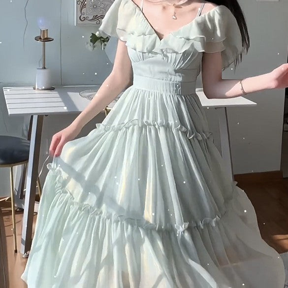Robe à Bretelles en Mousseline Vert Clair pour Femme