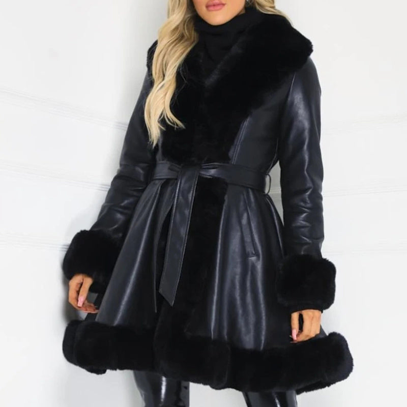 Medium-Length Fur Coat with Lotus Leaf Hem and Faux Leather Belt