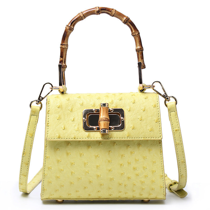 Trapezoid Bamboo PU Handbag with Lock – Portable Crossbody Shoulder Bag 18x8.5x16x11.5cm