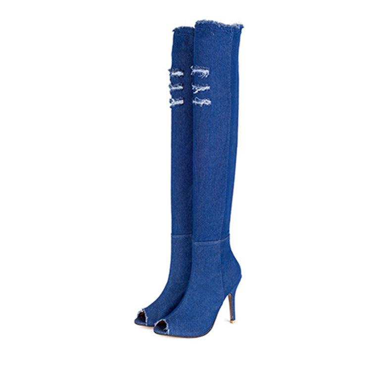 Bottes en denim stretch à talon aiguille hauteur genou et bout en forme de bouche de poisson avec semelle en caoutchouc