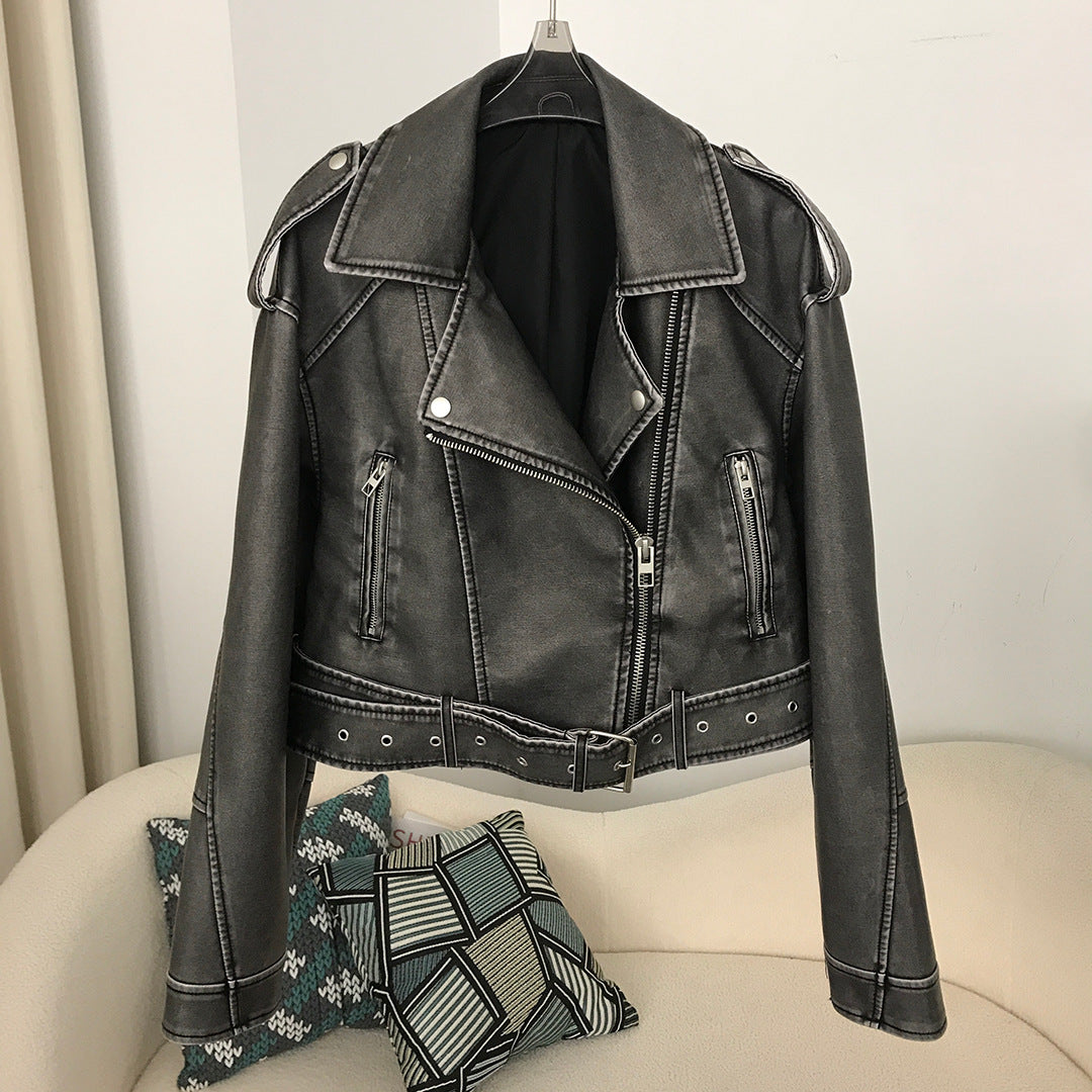 Veste en cuir lavé bicolore pour femme, style motard européen et américain, idéale pour le printemps et l'automne.