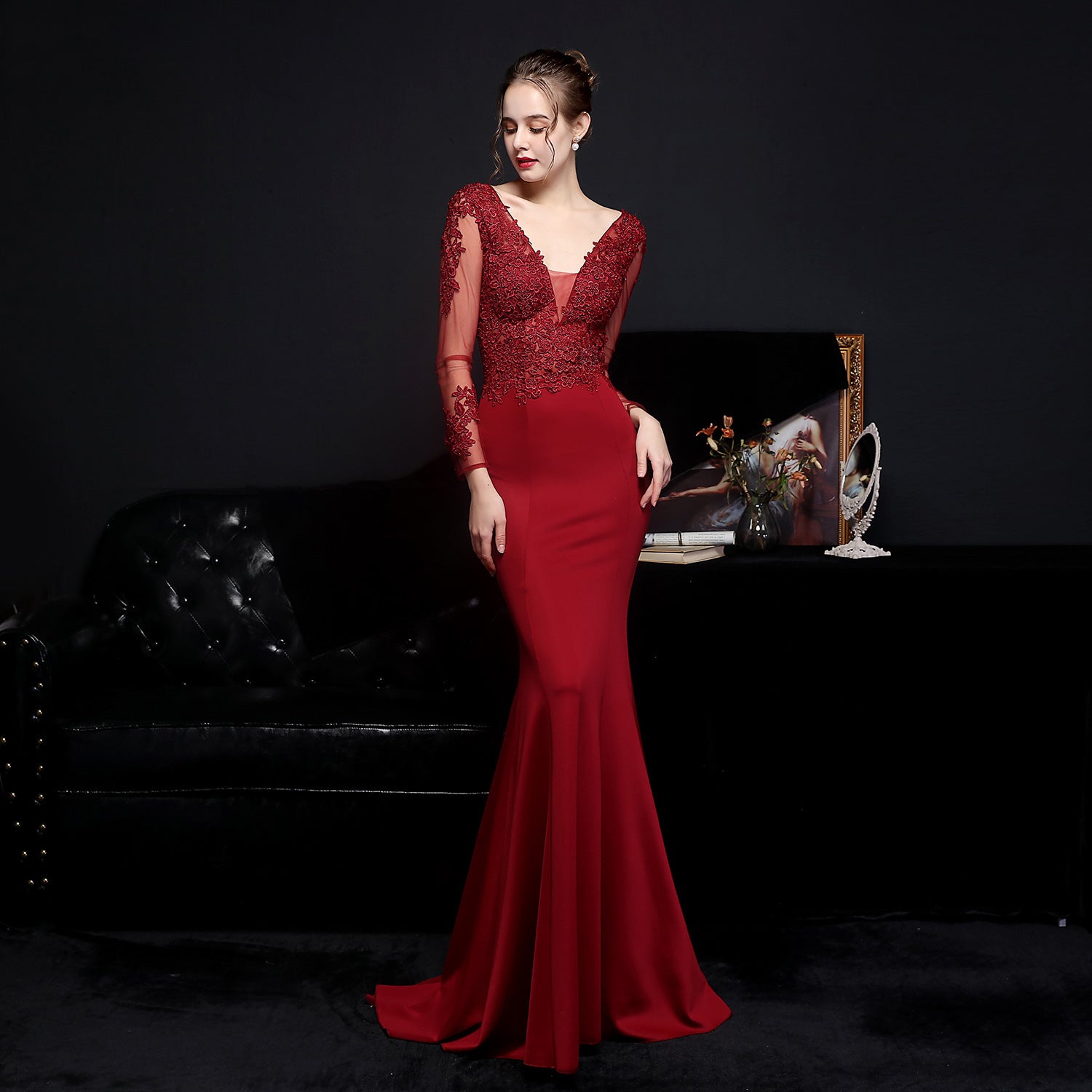 Women's High Waist Lace Diamond Toast Dress Long Sleeve