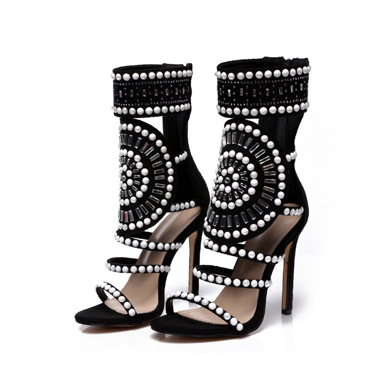 Rhinestone Suede High Heel Sandals with Back Zipper