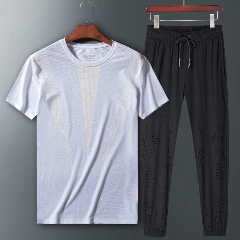 Two-Piece Short Sleeve Sportswear Set with T-Shirt and Trousers