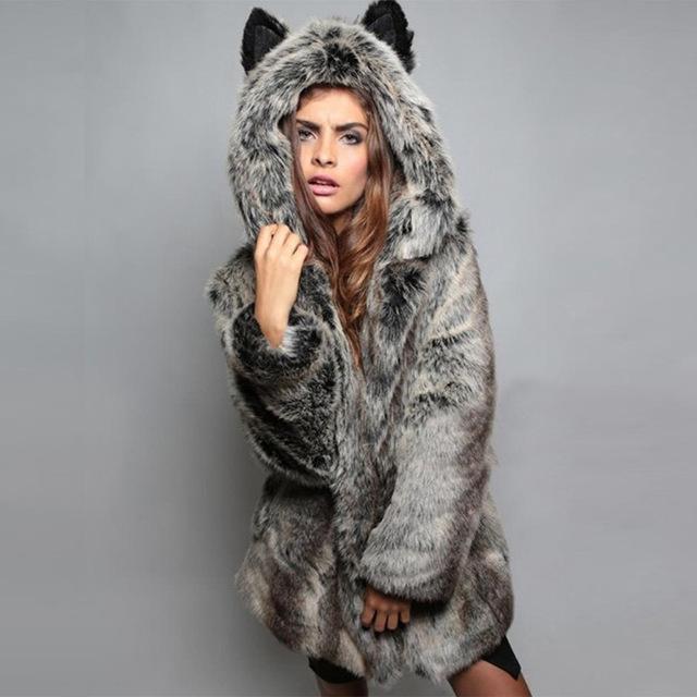 White Gray Black Plush Artificial Fur Coat in S-3XL
