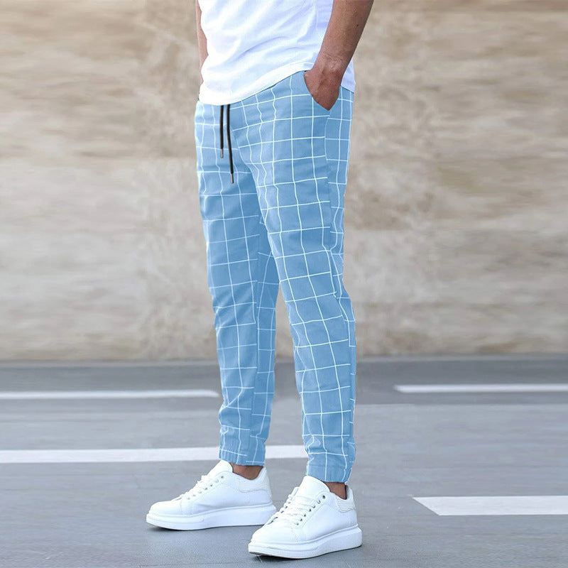 Pantalon décontracté à carreaux pour homme avec cordon de serrage, taille mi-haute, coupe droite