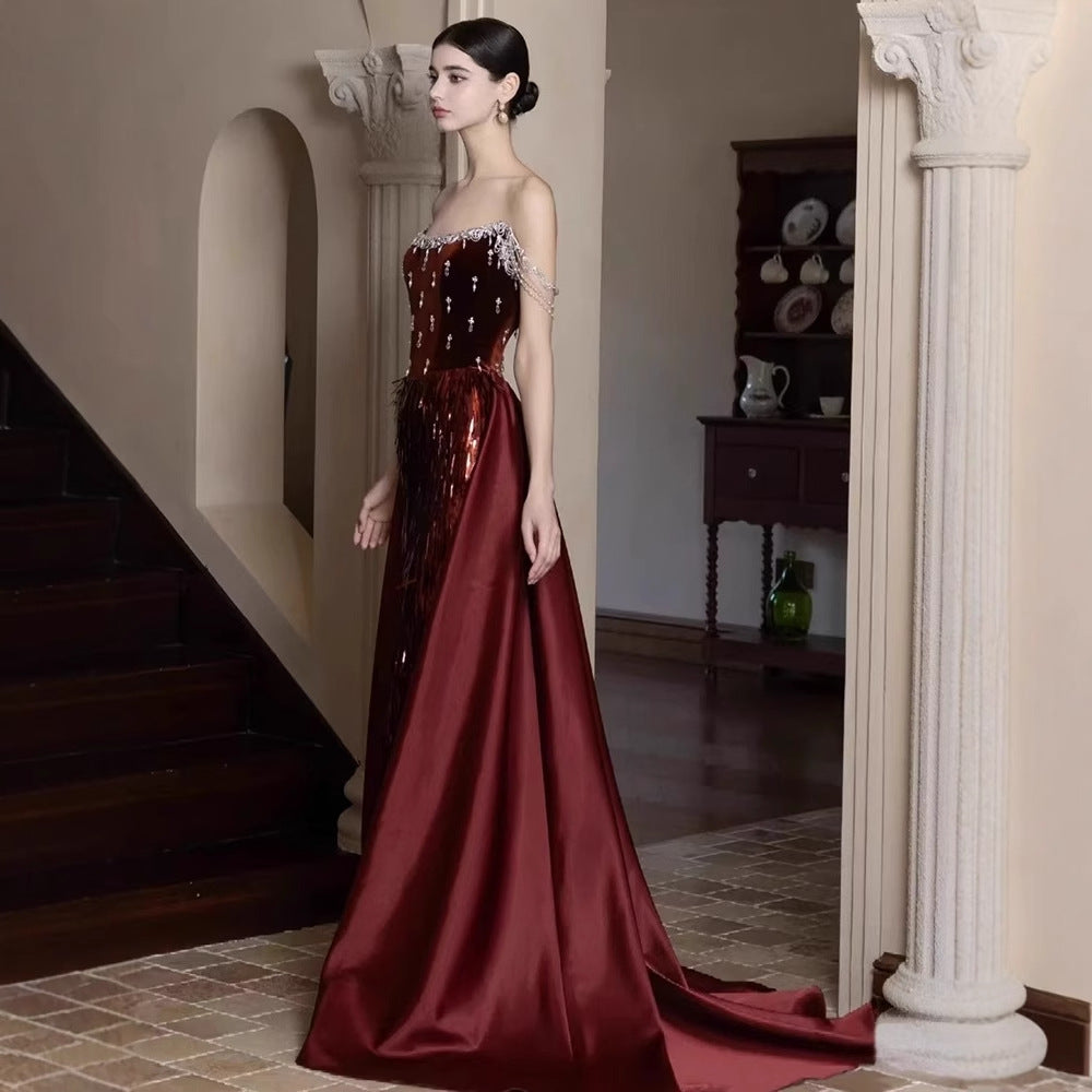 Wine Red French Evening Dress for Toasting Women