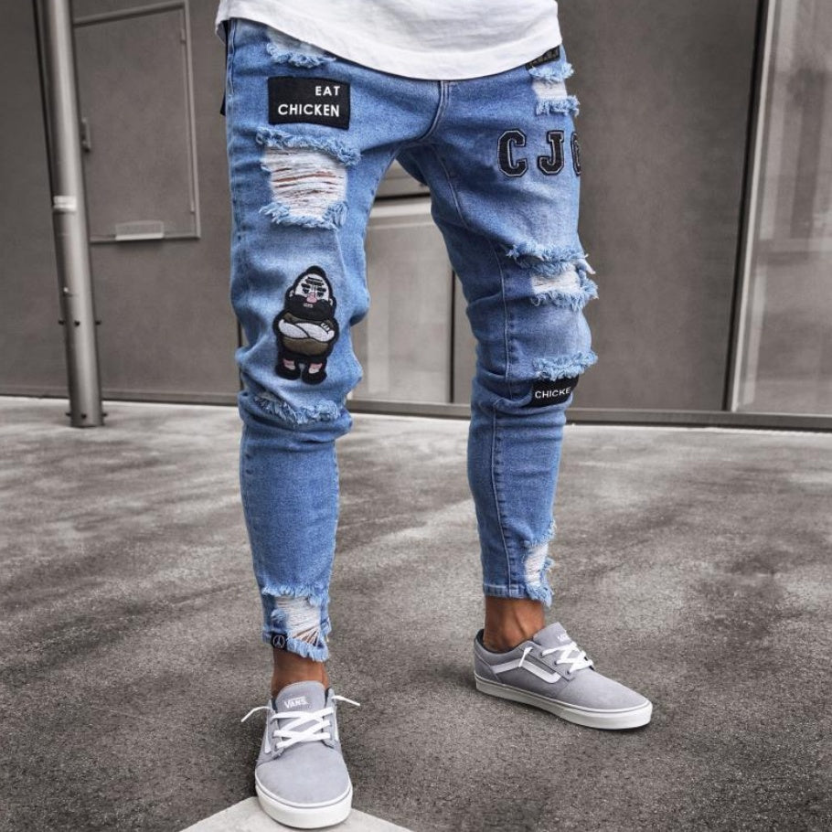 Knee Hole Zipper Pants with Cotton Fabric