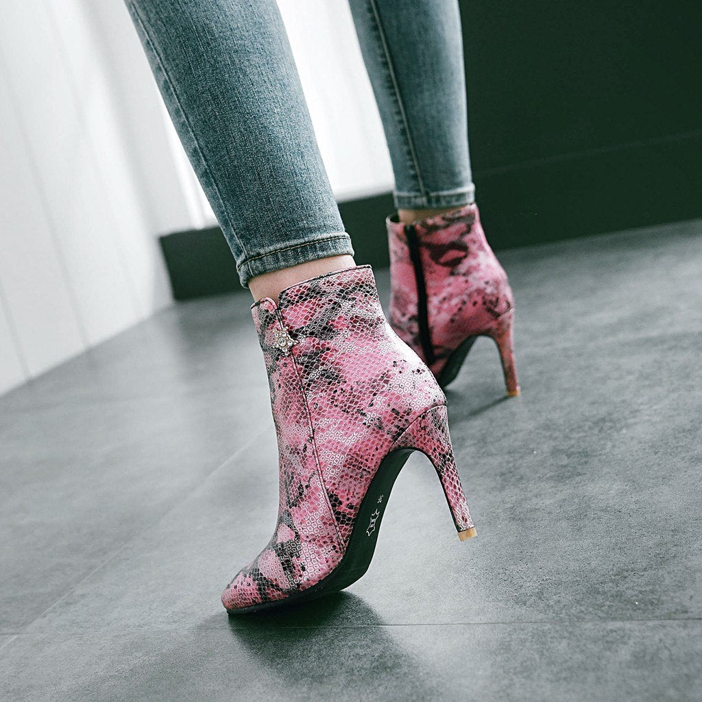 Bottes à talons aiguilles pointus à motif serpent avec fermeture éclair latérale pour femme