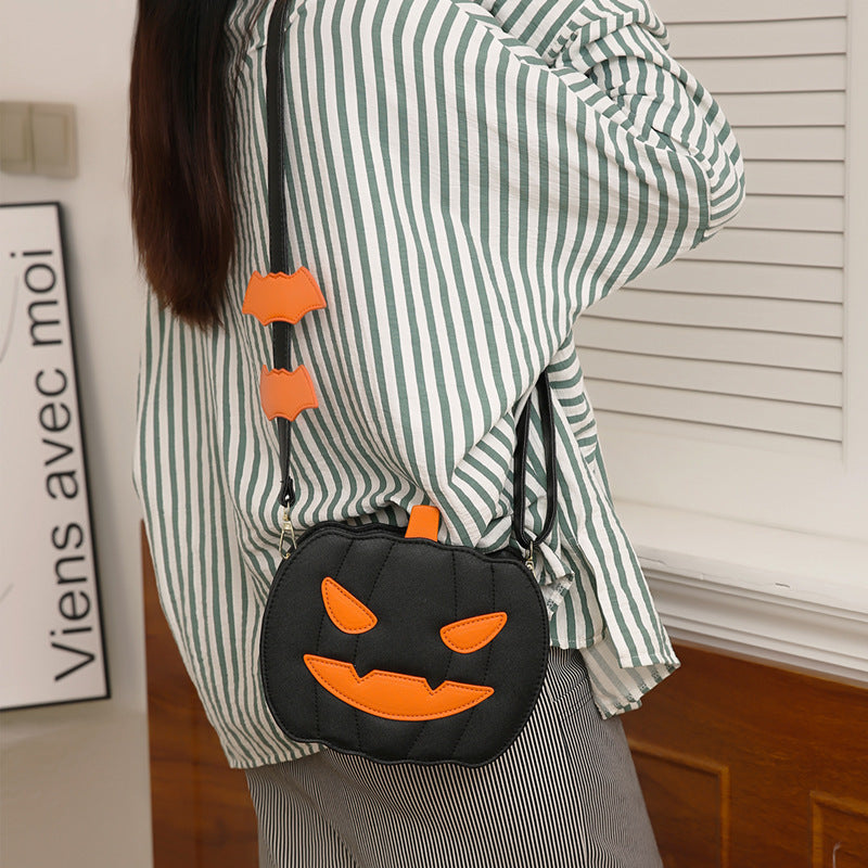 Funny Pumpkin Cartoon PU Shoulder Crossbody Bag with Bat Design for Women